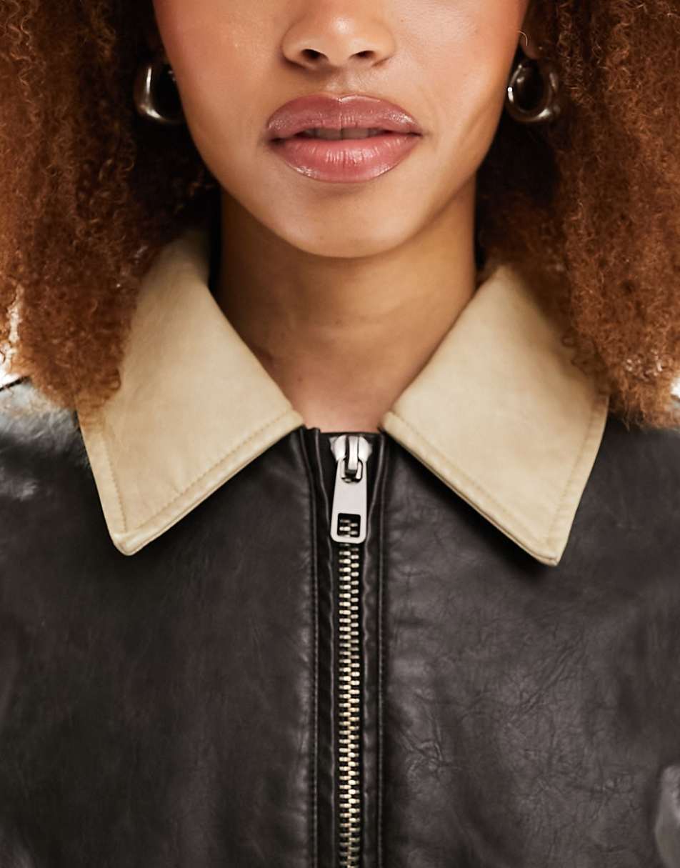 Lioness leather look contrast bomber jacket in black and camel