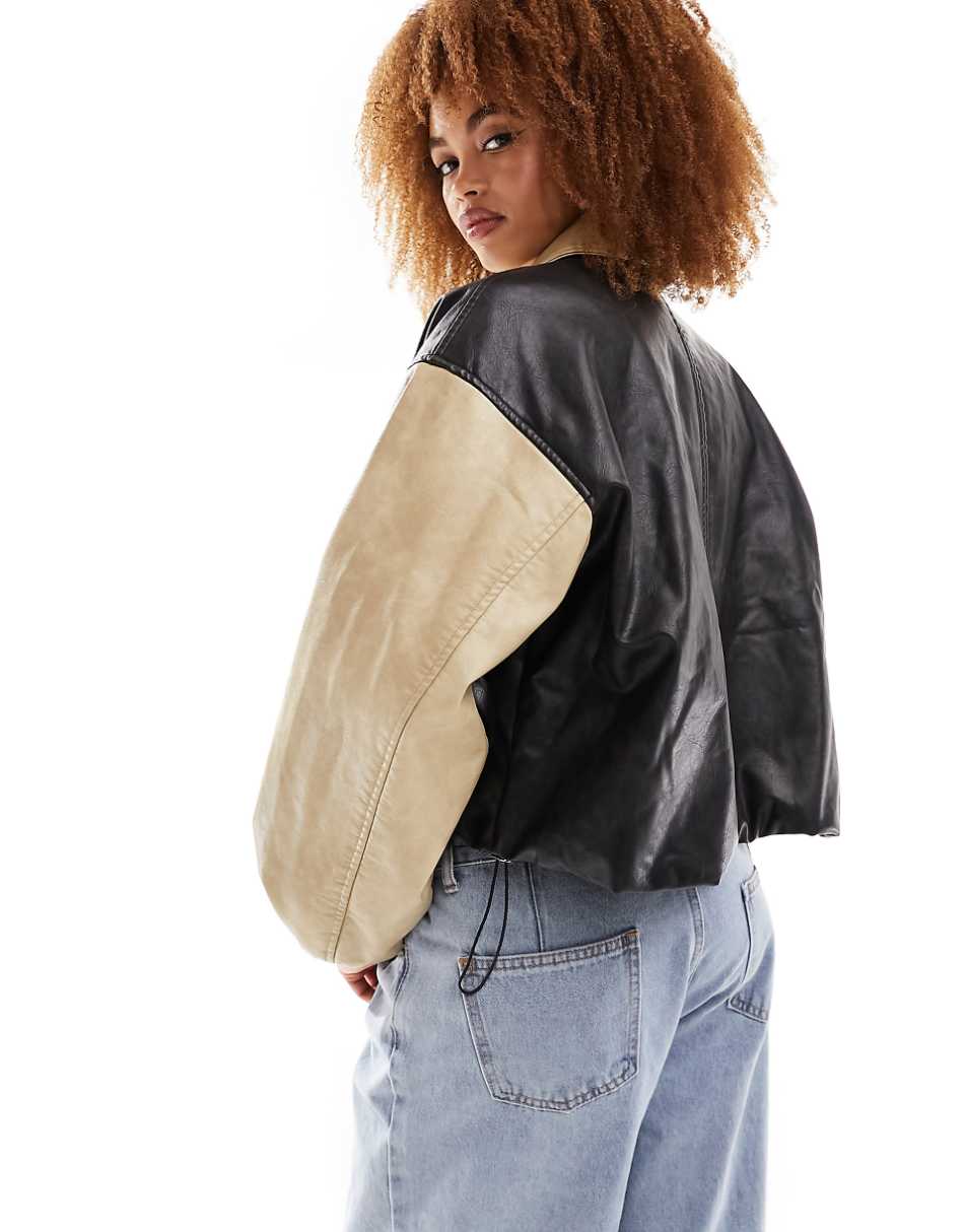 Lioness leather look contrast bomber jacket in black and camel