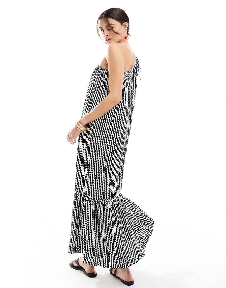 ONLY one shoulder tiered hem maxi dress in black & white wave stripe