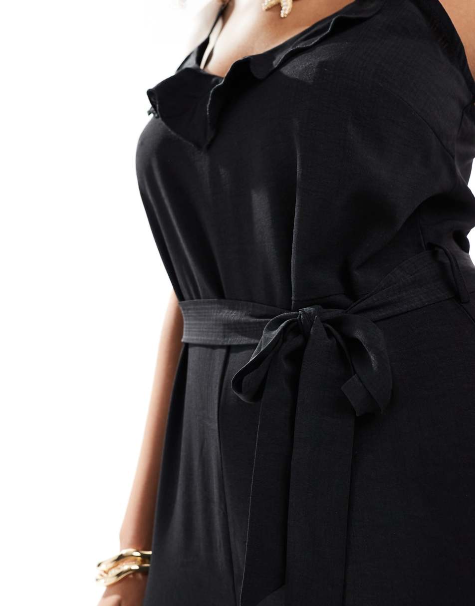 ONLY tie waist frill detail jumpsuit in black