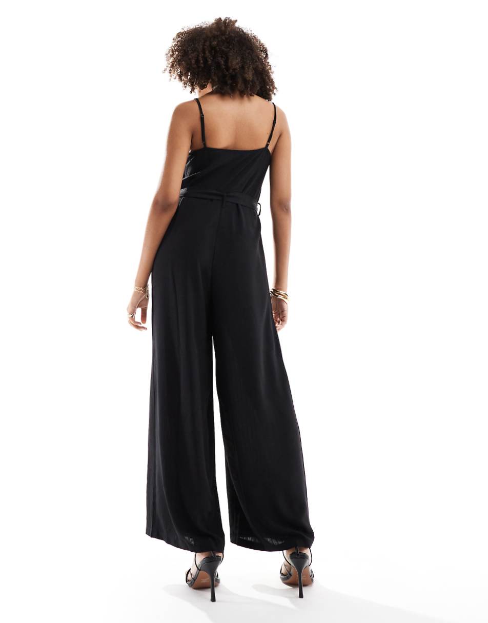 ONLY tie waist frill detail jumpsuit in black