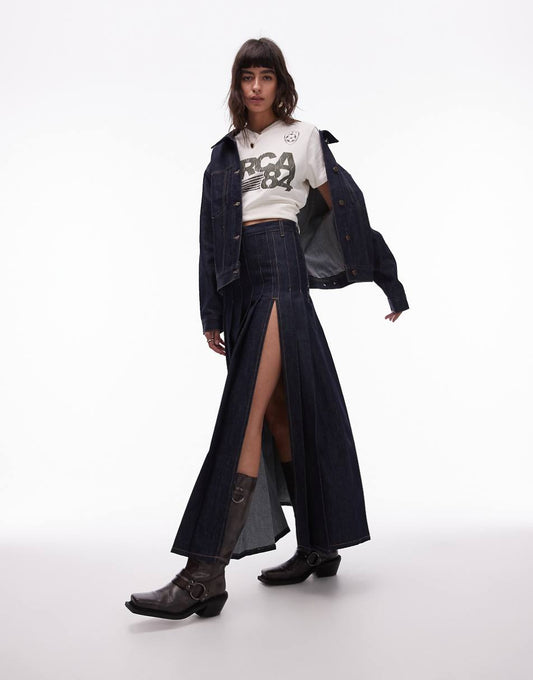 Topshop denim pleated midi skirt in raw indigo