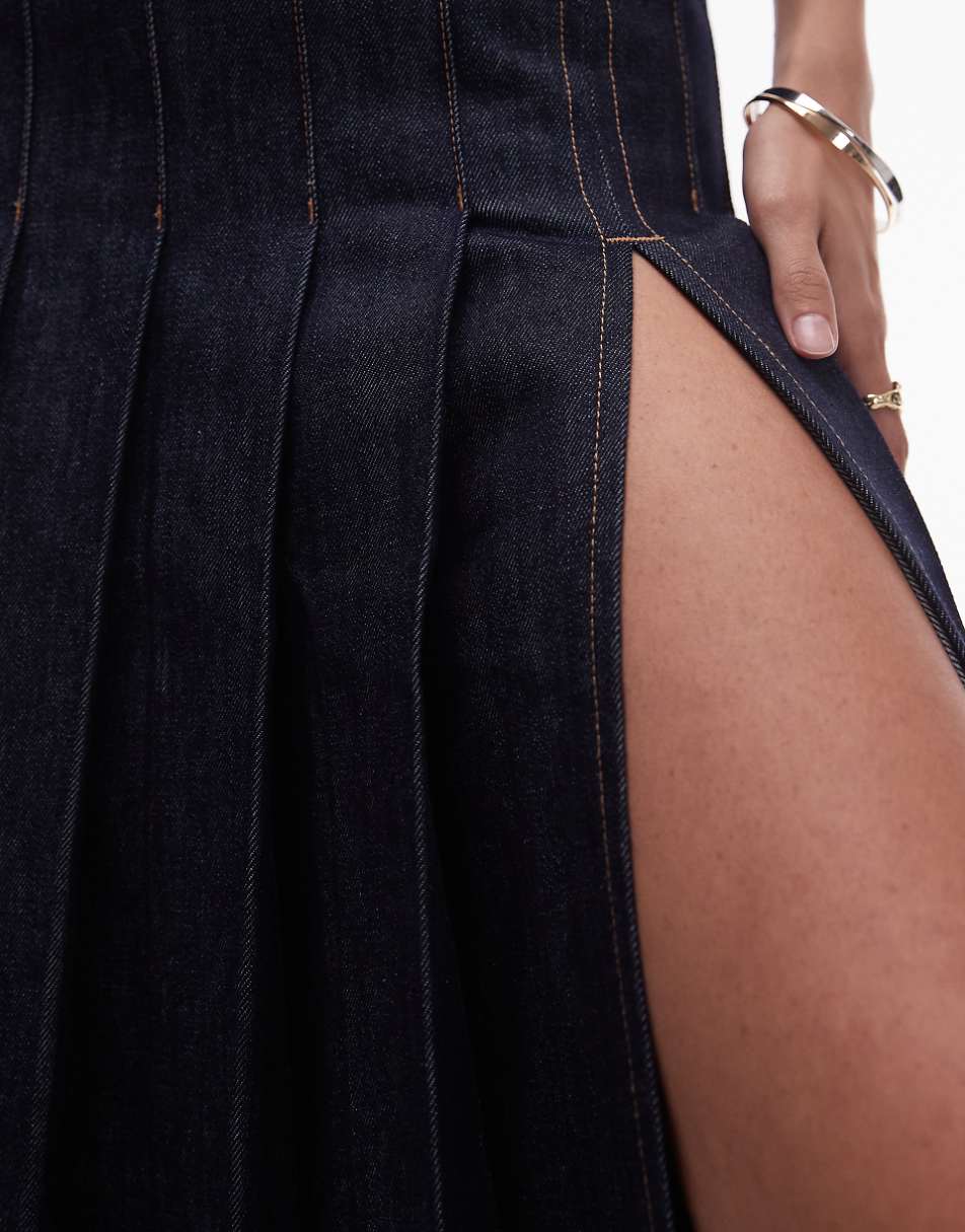 Topshop denim pleated midi skirt in raw indigo