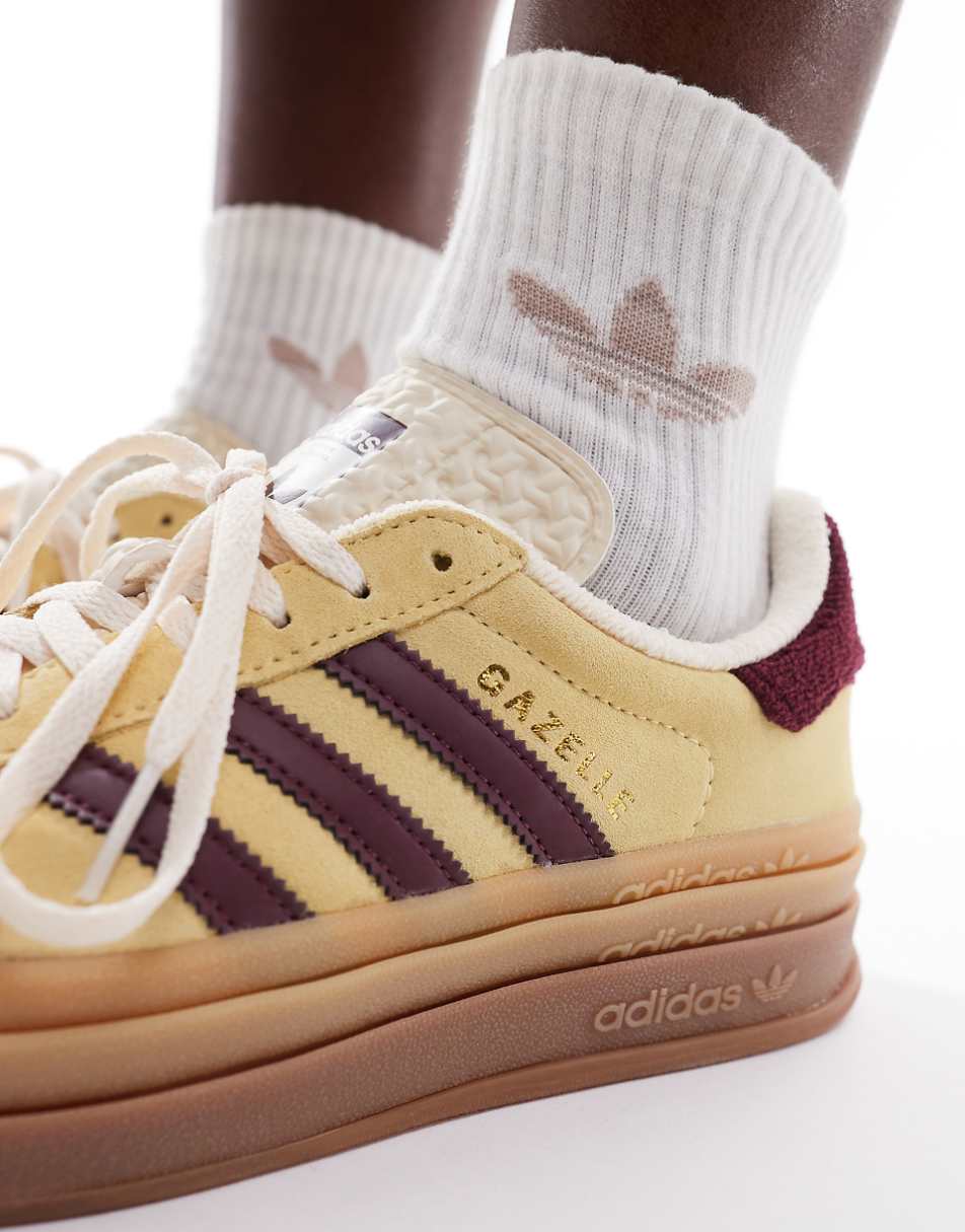 adidas Originals Gazelle Bold sneakers with gum sole in yellow and burgundy