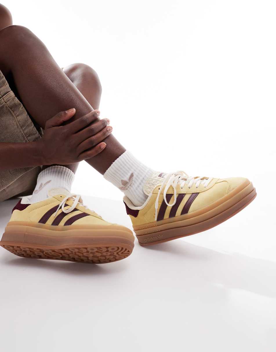 adidas Originals Gazelle Bold sneakers with gum sole in yellow and burgundy