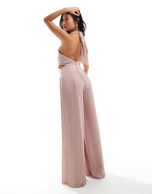 TFNC Petite Bridesmaid chiffon halter neck wide leg jumpsuit in soft pink