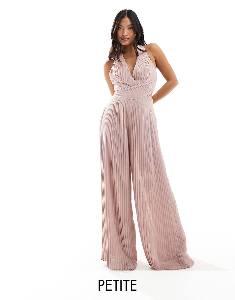 TFNC Petite Bridesmaid chiffon halter neck wide leg jumpsuit in soft pink