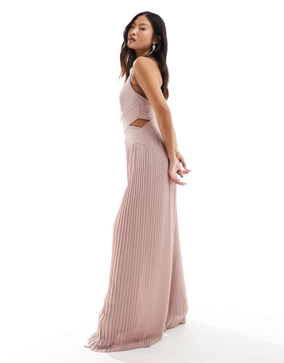 TFNC Petite Bridesmaid chiffon halter neck wide leg jumpsuit in soft pink