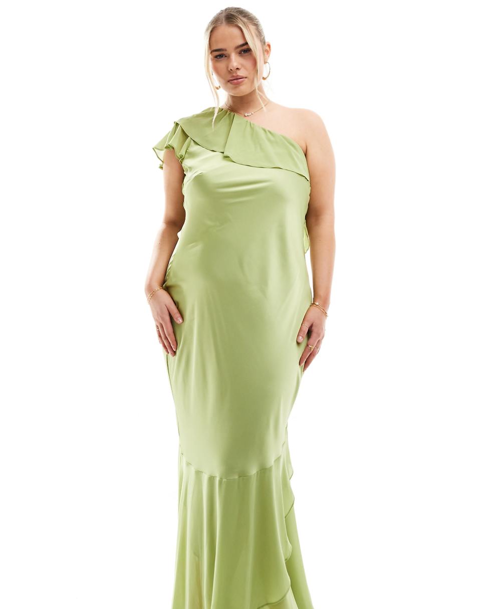 TFNC Plus Bridesmaid satin one shoulder ruffle maxi dress in olive