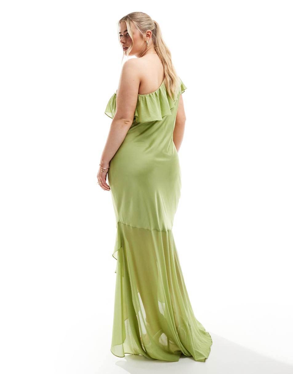 TFNC Plus Bridesmaid satin one shoulder ruffle maxi dress in olive