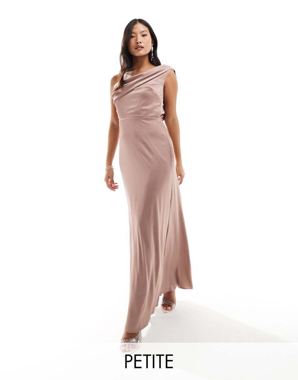 TFNC Petite Bridesmaid satin one shoulder drape maxi dress in rose pink