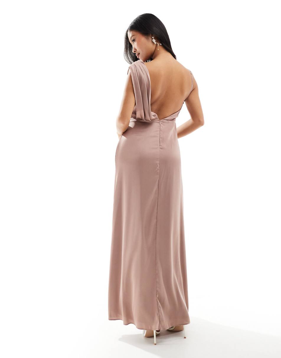 TFNC Petite Bridesmaid satin one shoulder drape maxi dress in rose pink