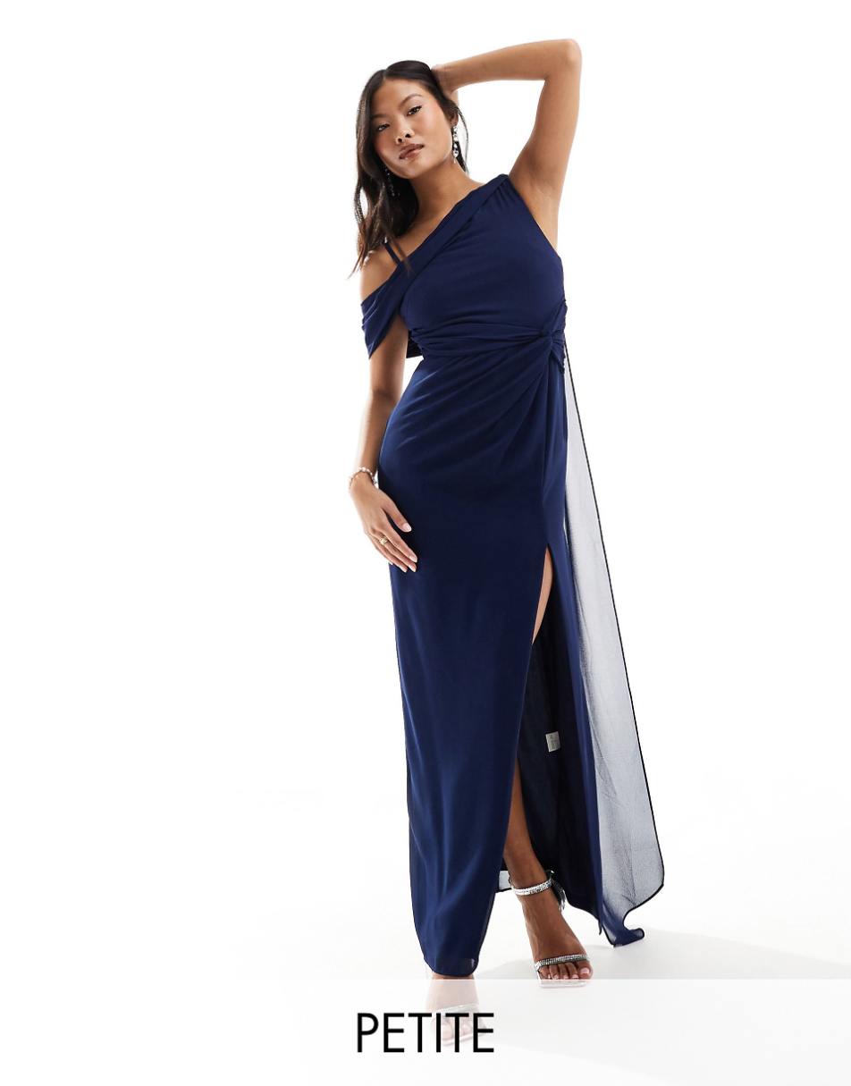 TFNC Petite Bridesmaid chiffon fallen shoulder maxi dress with drape detail in navy