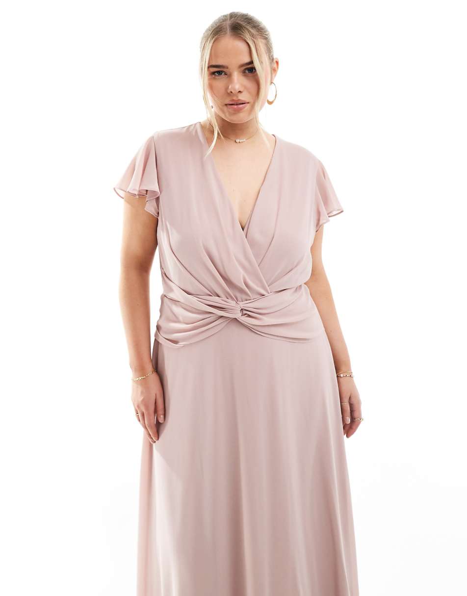 TFNC Plus Bridesmaid wrap front maxi dress in soft pink