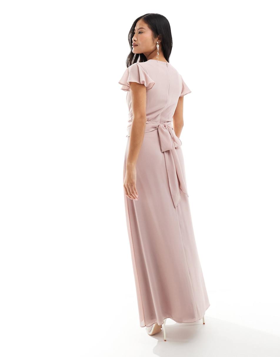 TFNC Petite Bridesmaid wrap front maxi dress in soft pink