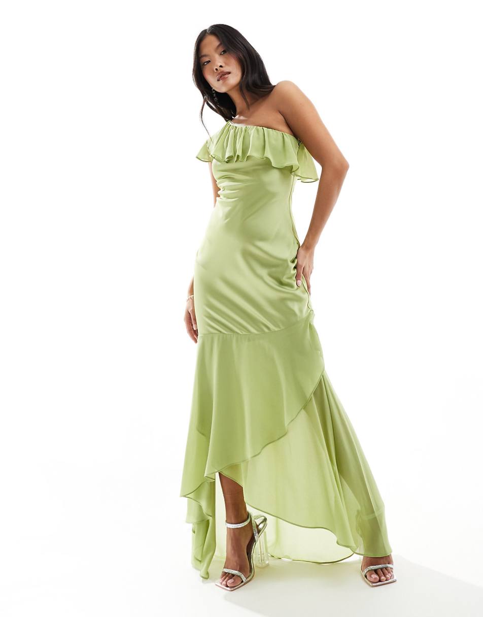 TFNC Petite Bridesmaid satin one shoulder ruffle maxi dress in olive