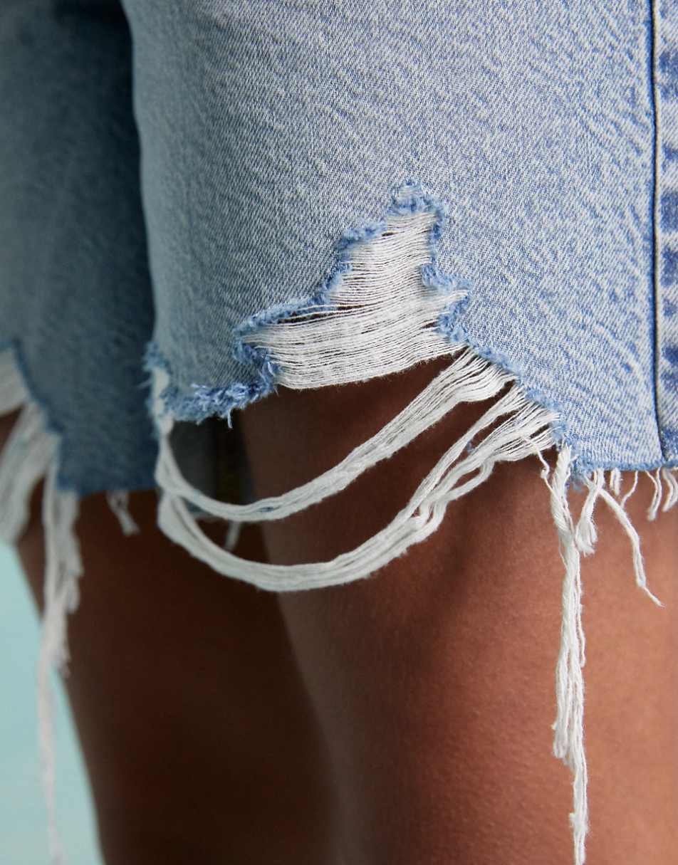 Miss Selfridge longline denim boyfriend shorts in blue wash