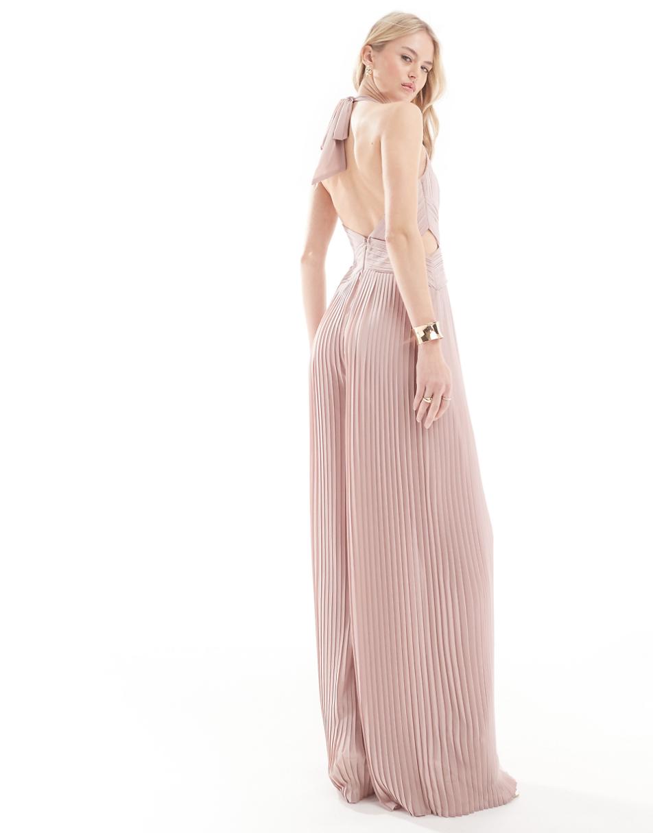 TFNC Tall Bridesmaid chiffon halter neck pleated jumpsuit in soft pink