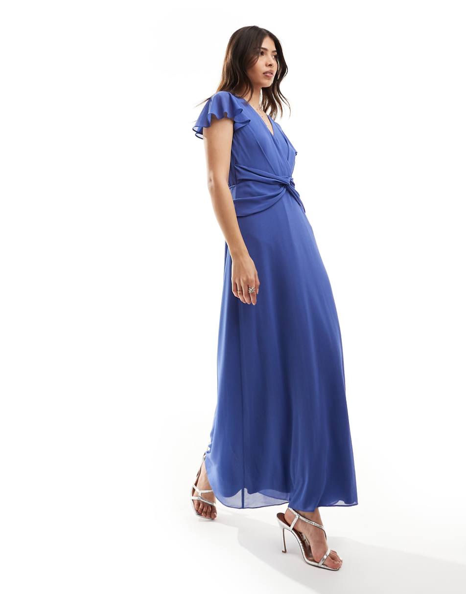 TFNC Bridesmaid wrap front maxi dress in aster blue