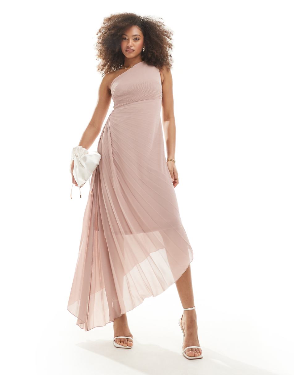 TFNC Bridesmaid chiffon pleated asymmetric maxi dress with gathered waist in soft pink