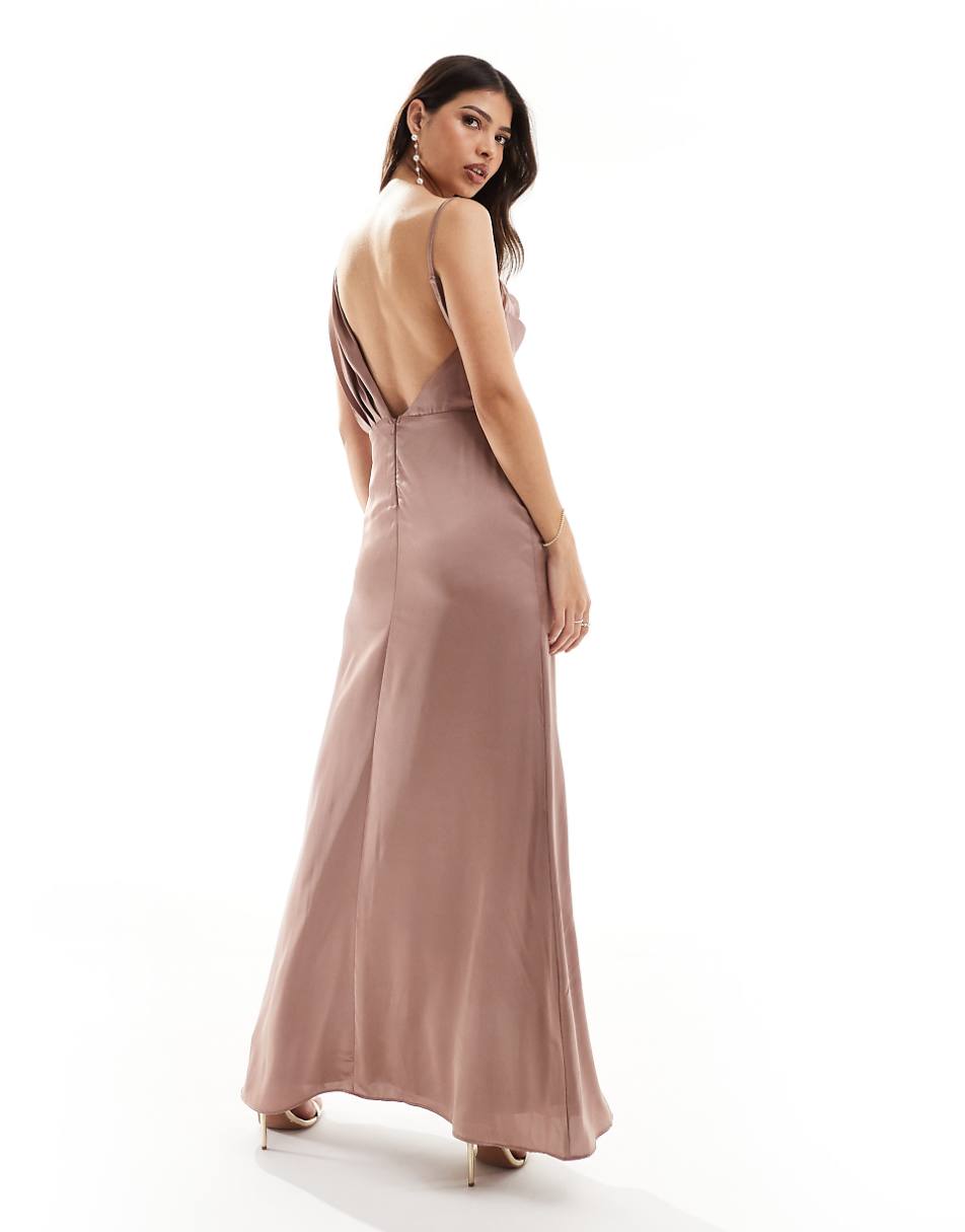 TFNC Bridesmaid satin one shoulder drape maxi dress in rose brown