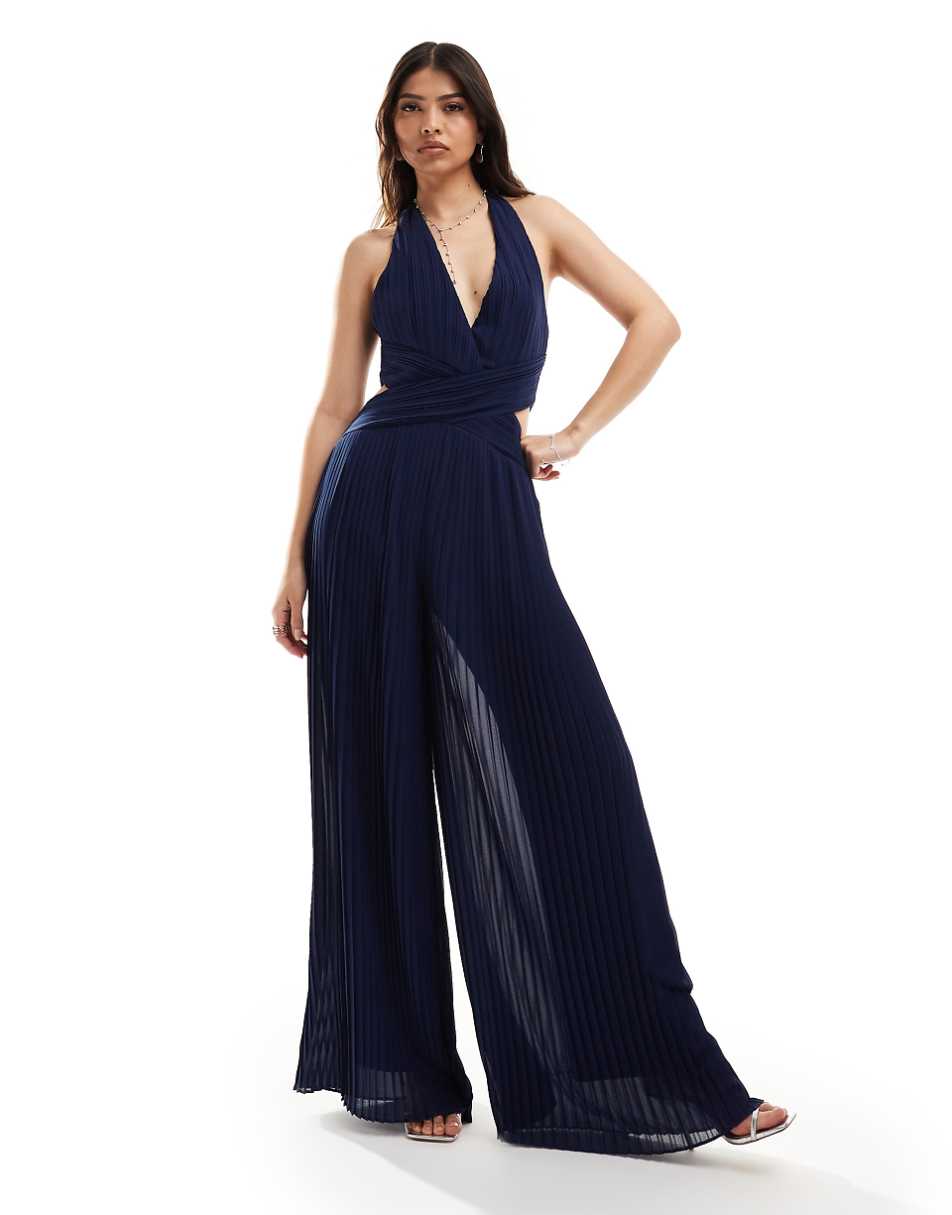 TFNC Bridesmaid chiffon halter neck pleated jumpsuit in navy