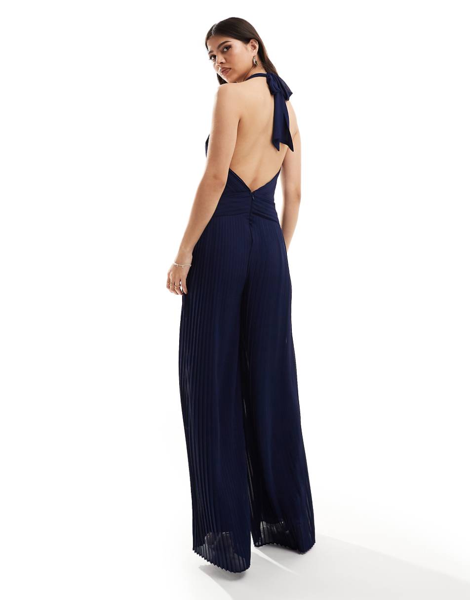 TFNC Bridesmaid chiffon halter neck pleated jumpsuit in navy