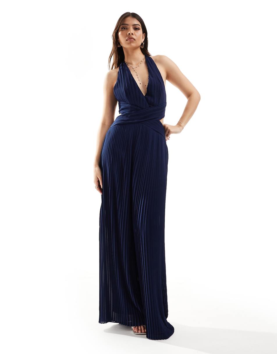 TFNC Bridesmaid chiffon halter neck pleated jumpsuit in navy