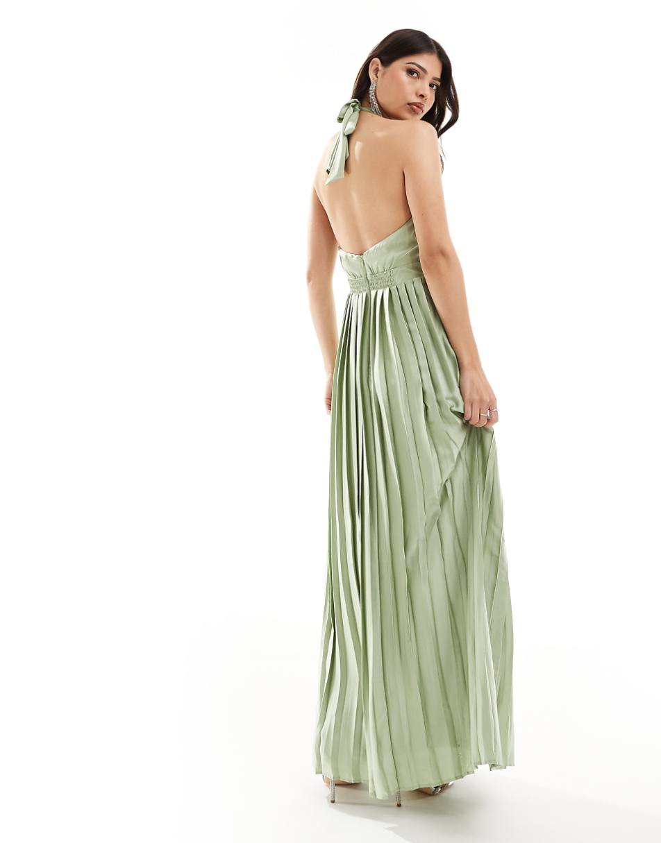 TFNC Bridesmaid satin pleated halter neck maxi dress with full skirt in sage green