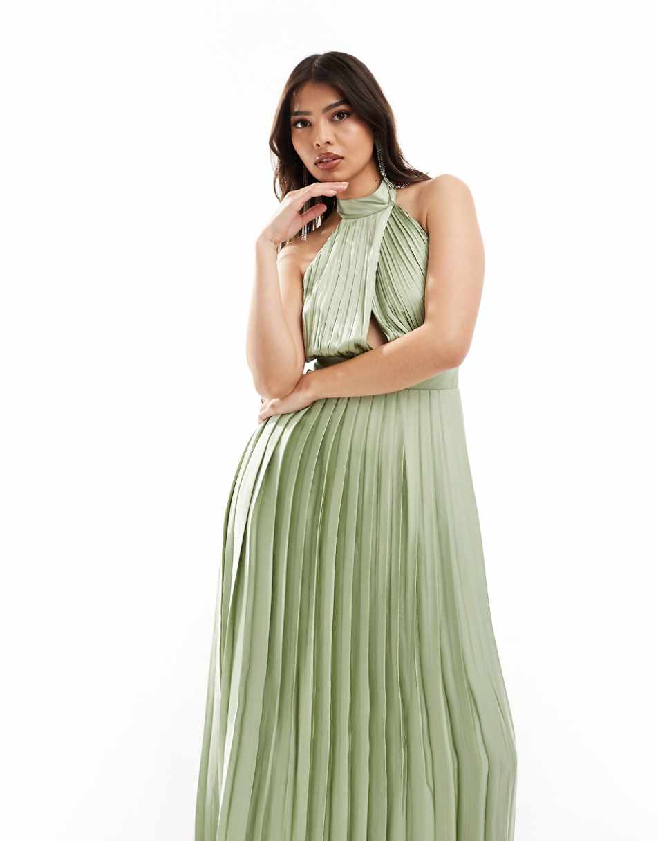 TFNC Bridesmaid satin pleated halter neck maxi dress with full skirt in sage green