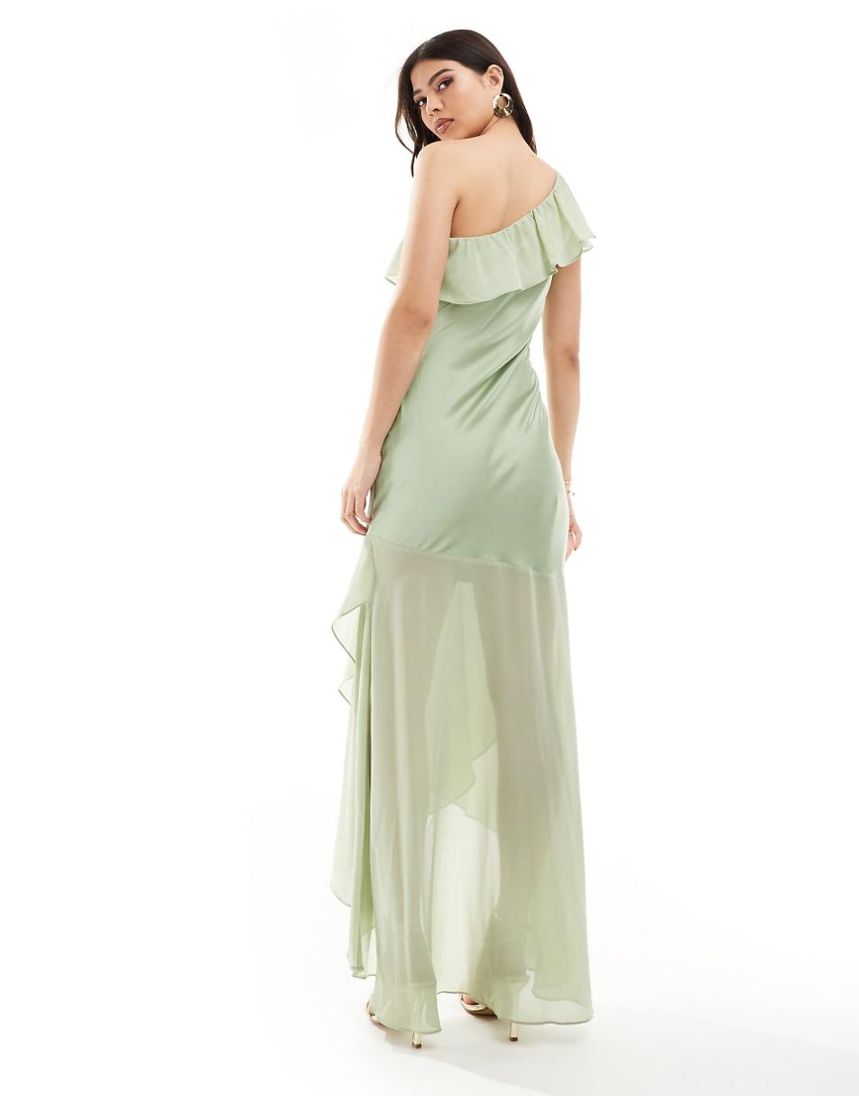 TFNC Bridesmaid satin one shoulder ruffle maxi dress in sage