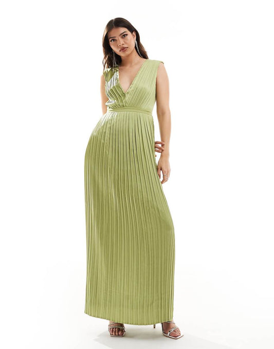 TFNC Bridesmaid satin pleated maxi dress in olive