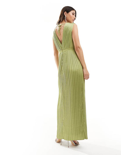 TFNC Bridesmaid satin pleated maxi dress in olive