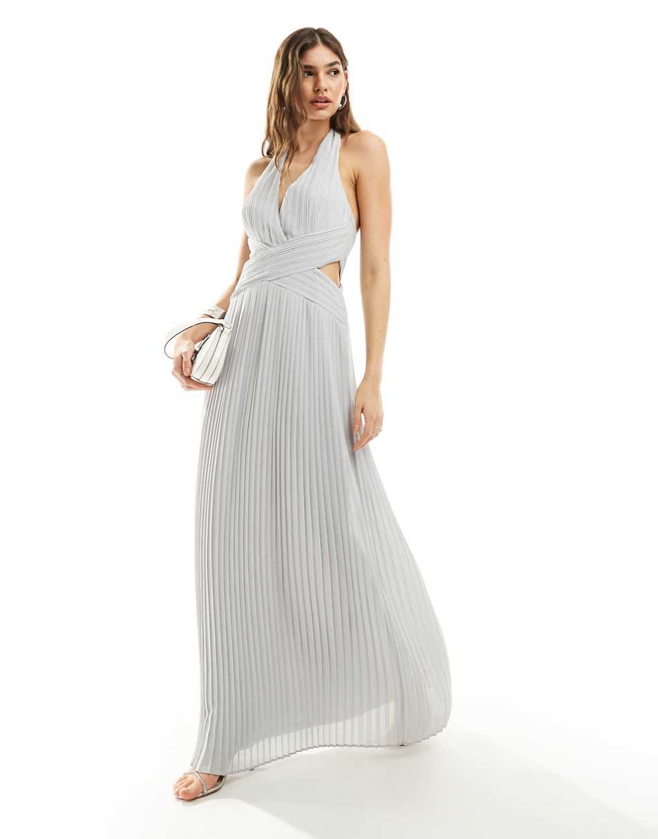 TFNC Bridesmaid chiffon halter neck pleated maxi dress in silver