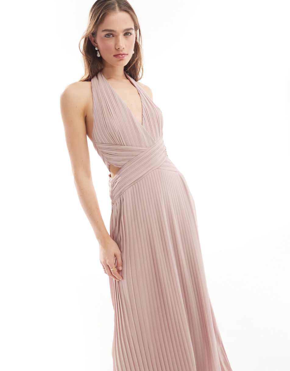 TFNC Bridesmaid chiffon halter neck pleated maxi dress in soft pink