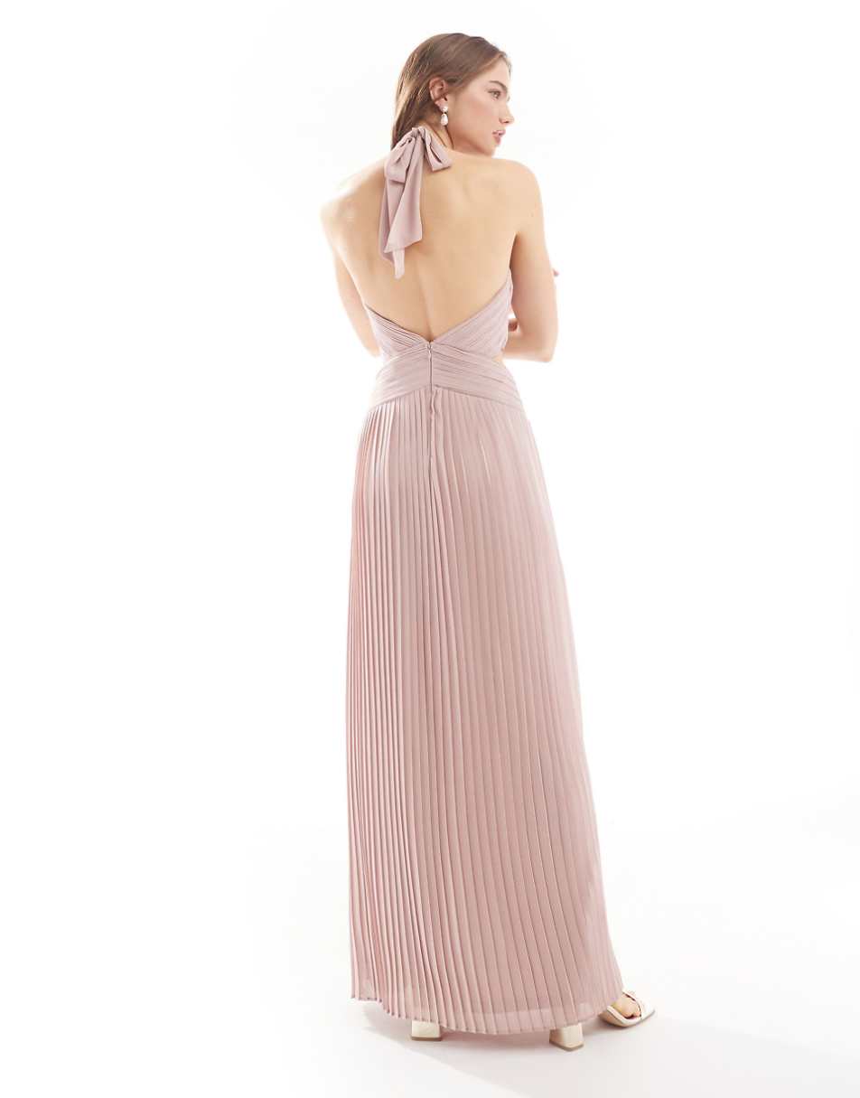 TFNC Bridesmaid chiffon halter neck pleated maxi dress in soft pink