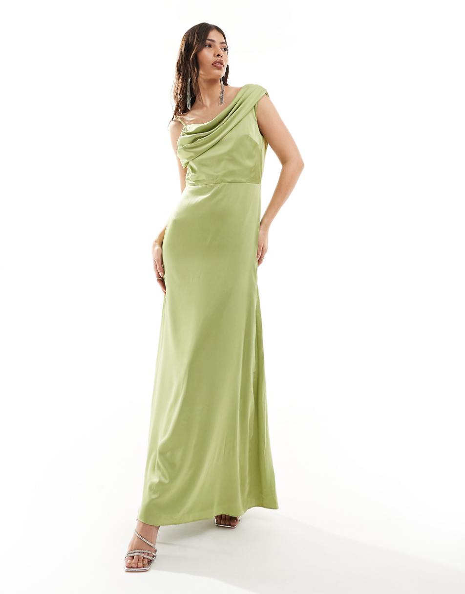 TFNC Bridesmaid satin one shoulder drape maxi dress in olive