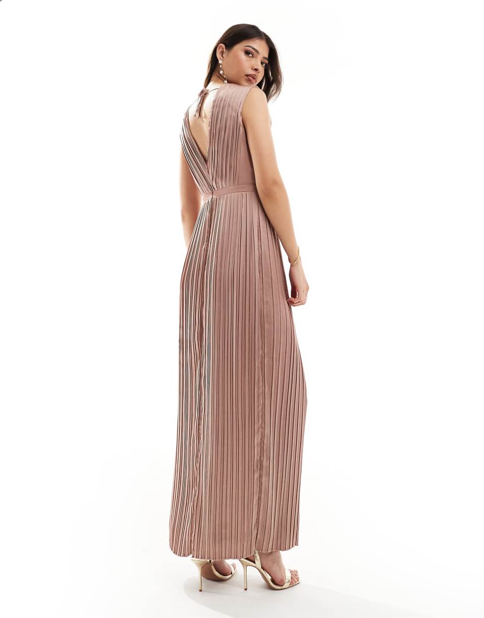 TFNC Bridesmaid satin pleated maxi dress in rose brown