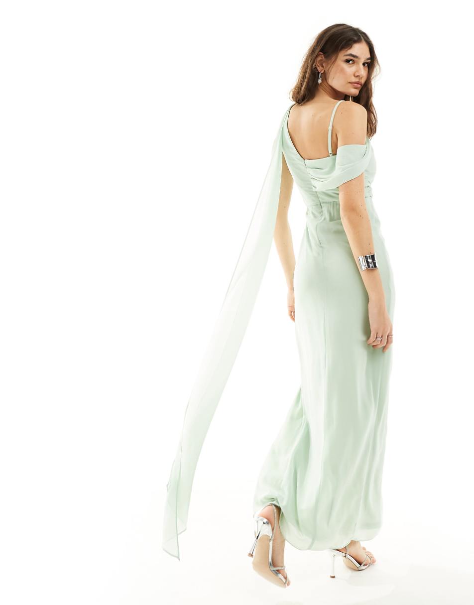 TFNC Bridesmaid chiffon fallen shoulder maxi dress with drape detail in fresh mint