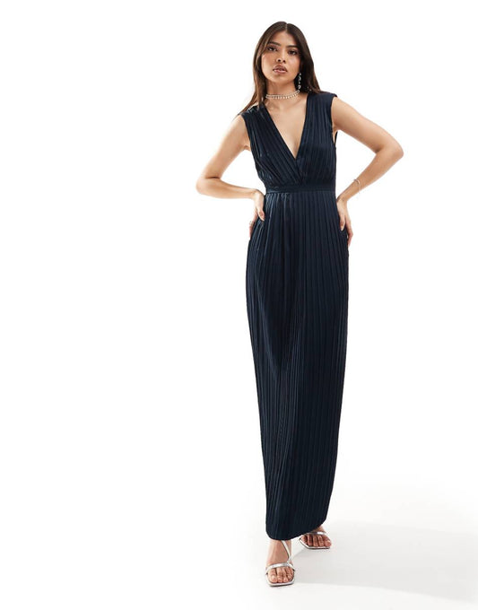 TFNC Bridesmaid satin pleated maxi dress in navy