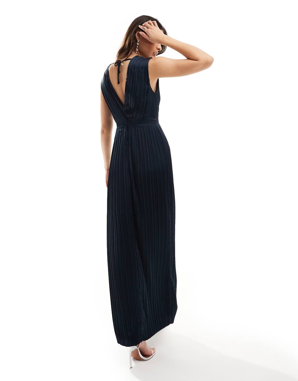 TFNC Bridesmaid satin pleated maxi dress in navy