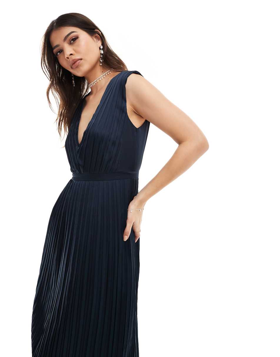 TFNC Bridesmaid satin pleated maxi dress in navy