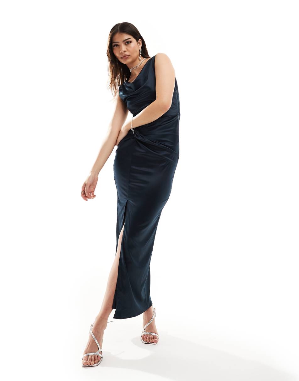 TFNC Bridesmaid satin cowl neck maxi dress with twist detail in navy