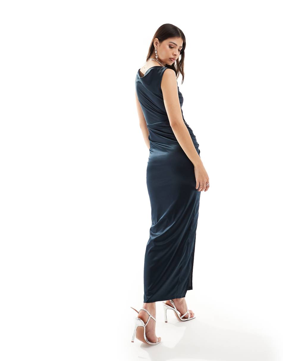 TFNC Bridesmaid satin cowl neck maxi dress with twist detail in navy