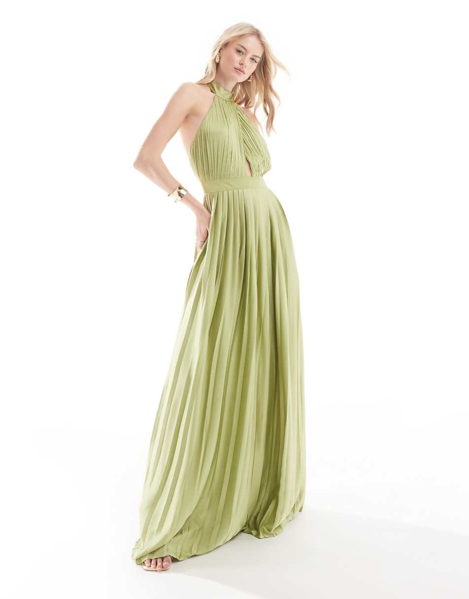 TFNC Tall Bridesmaid satin pleated halterneck maxi dress with full skirt in olive