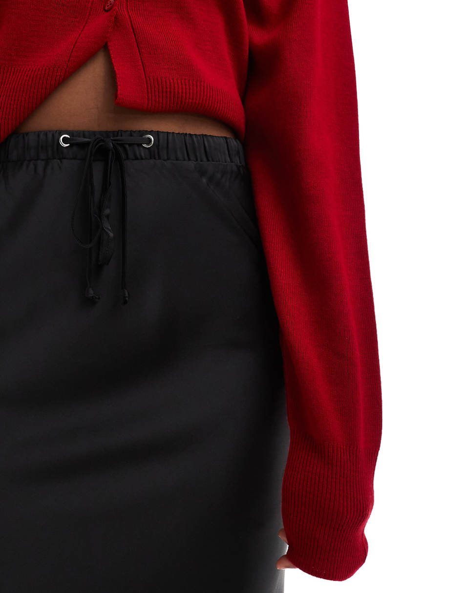 ASOS DESIGN satin bias maxi skirt with tie waist in black