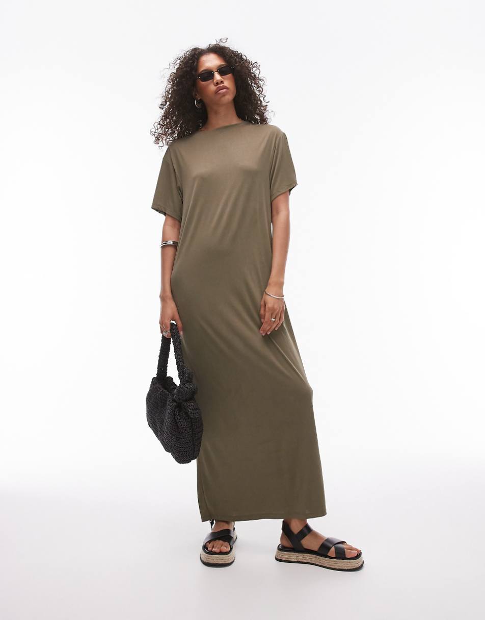 Topshop premium super soft twist back cupro t-shirt midi dress in khaki