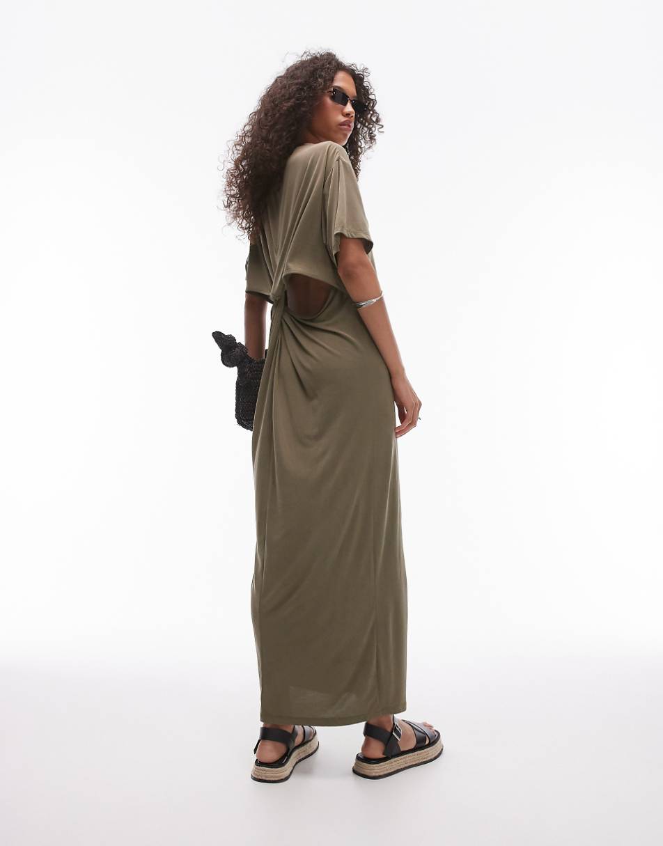 Topshop premium super soft twist back cupro t-shirt midi dress in khaki