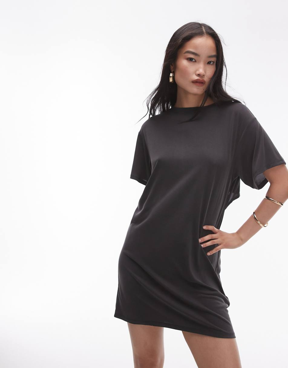 Topshop premium super soft twist back cupro T-shirt mini dress in black