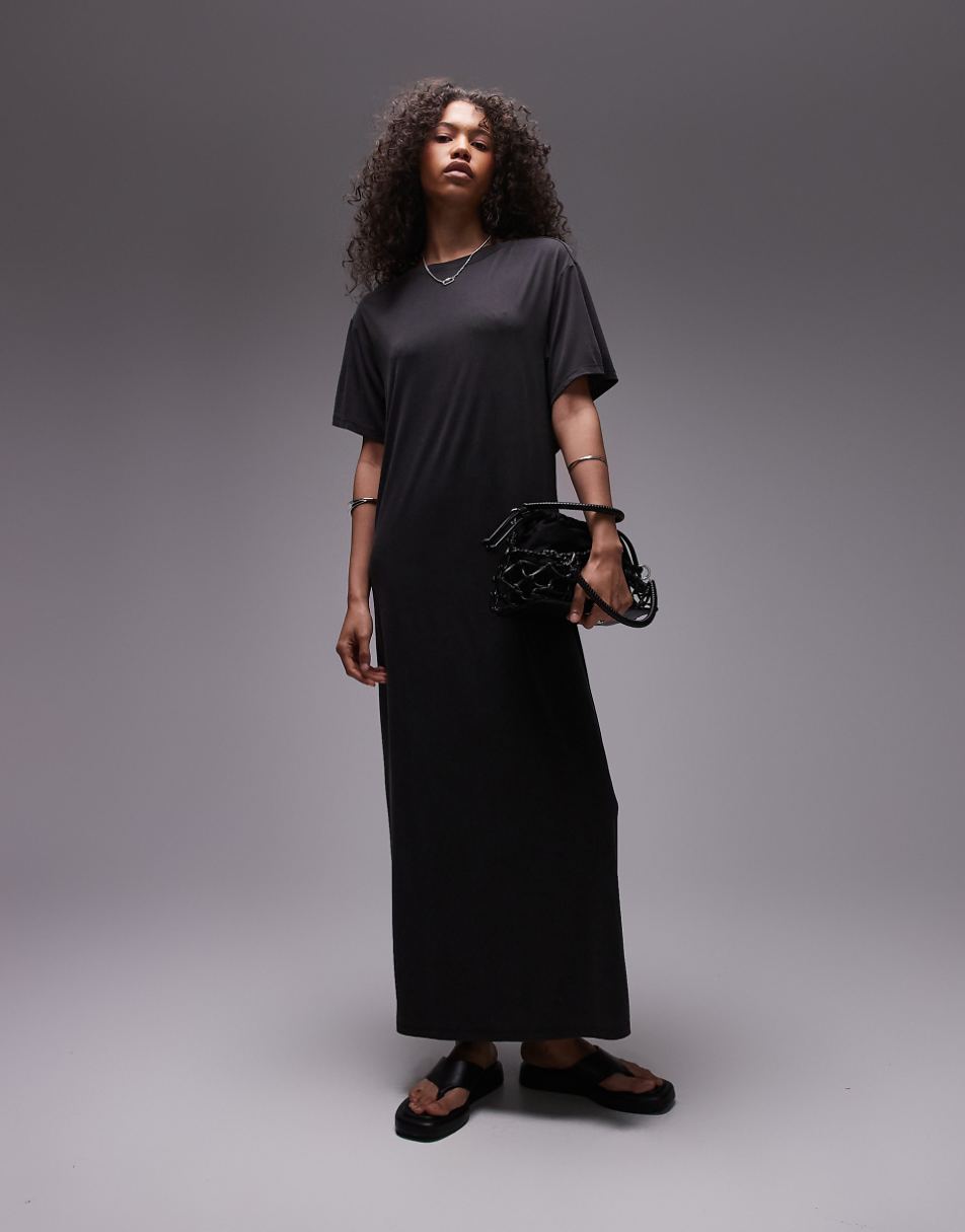 Topshop premium super soft twist back cupro t-shirt midaxi dress in black